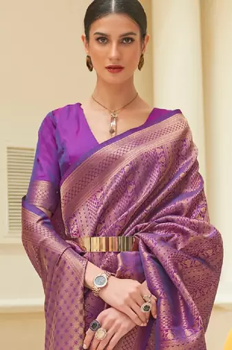 Purple & golden woven design zari silk blend kanjeevaram saree