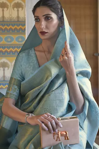 Turquoise blue & gold-toned woven design zari silk blend kanjeevaram saree