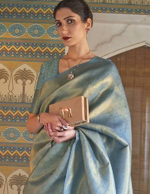 Turquoise blue & gold-toned woven design zari silk blend kanjeevaram saree 2