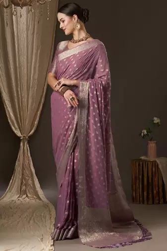 Mauve & gold-toned woven design zari pure georgette kanjeevaram saree