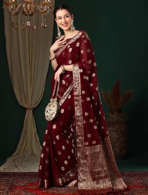 Ethnic motifs woven design zari pure georgette kanjeevaram saree 1
