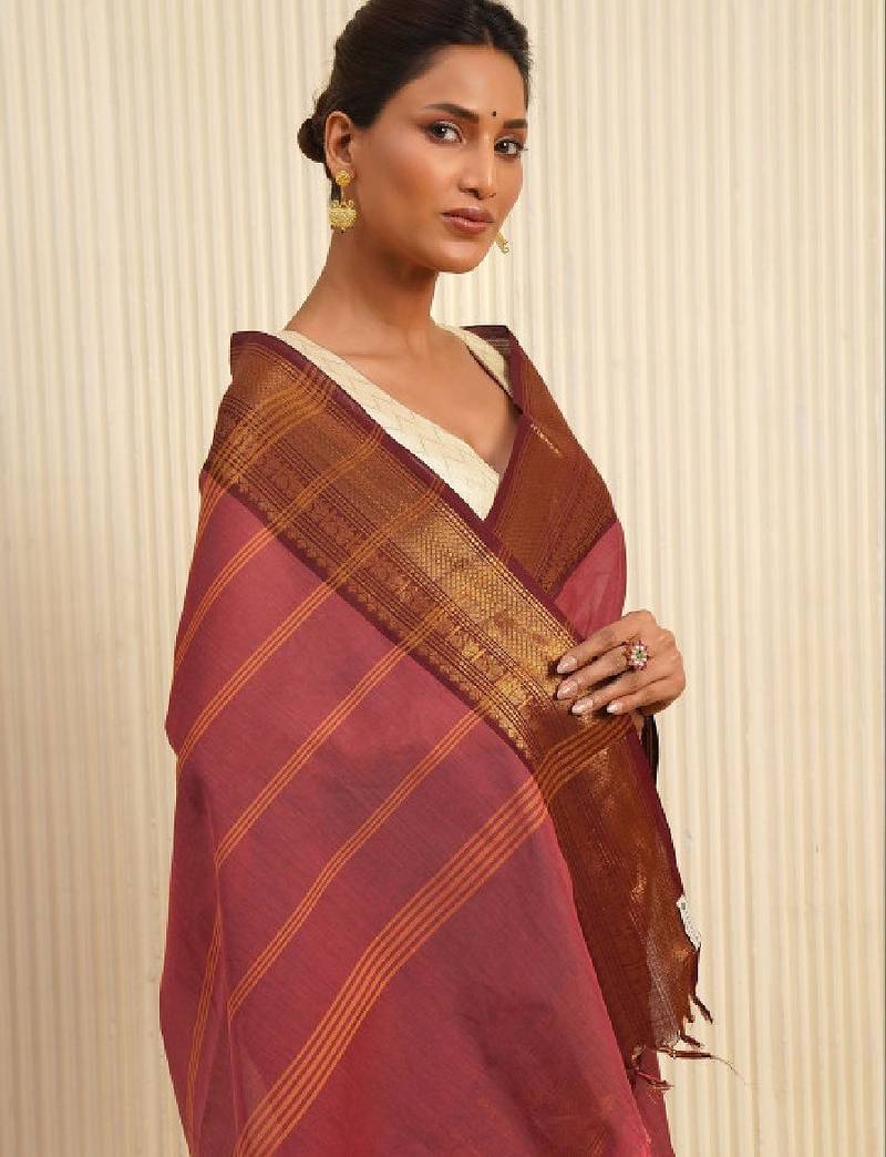 Pink woven design zari pure cotton kanjeevaram saree