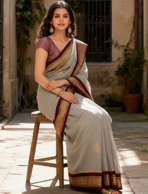 Ethnic motifs embroidered art silk kanjeevaram saree 1