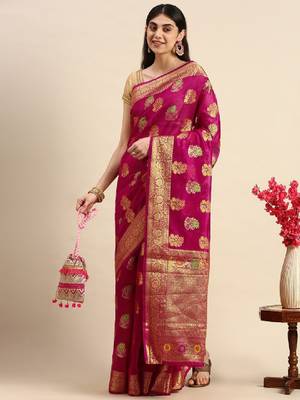 Pink & golden floral zari organza kanjeevaram saree 1