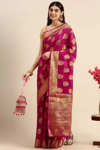 Pink & golden floral zari organza kanjeevaram saree