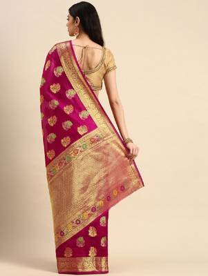 Pink & golden floral zari organza kanjeevaram saree 2