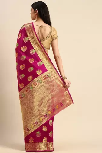Pink & golden floral zari organza kanjeevaram saree