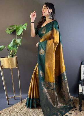 Ethnic motifs woven design zari kanjeevaram saree 2