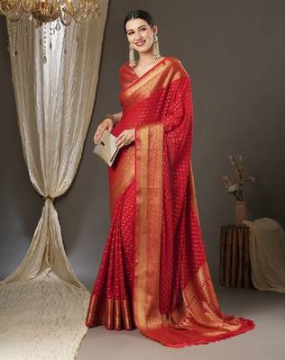 Ethnic motifs zari pure georgette kanjeevaram saree 1