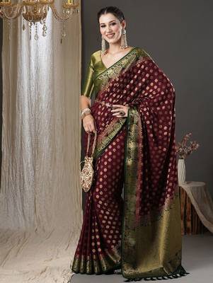 Burgundy & green ethnic motifs woven design zari pure georgette kanjeevaram saree 1