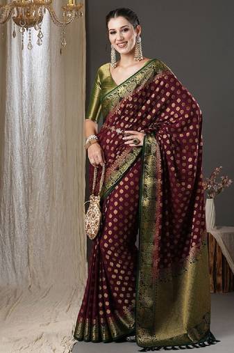 Burgundy & green ethnic motifs woven design zari pure georgette kanjeevaram saree