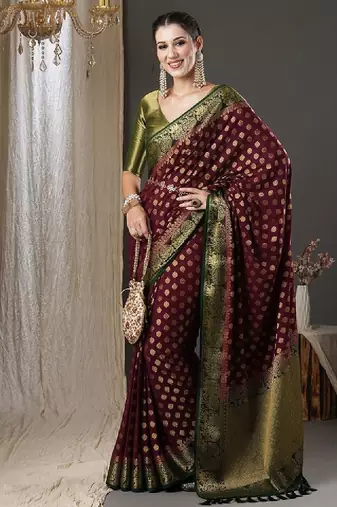 Burgundy & green ethnic motifs woven design zari pure georgette kanjeevaram saree