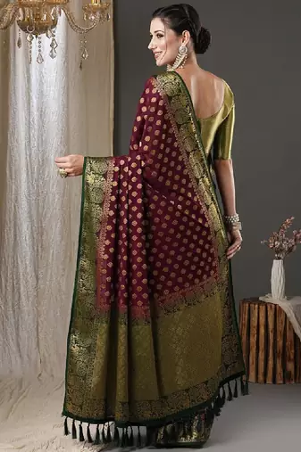 Burgundy & green ethnic motifs woven design zari pure georgette kanjeevaram saree