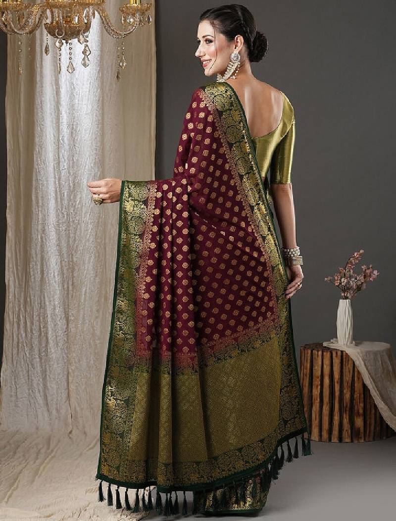 Burgundy & green ethnic motifs woven design zari pure georgette kanjeevaram saree