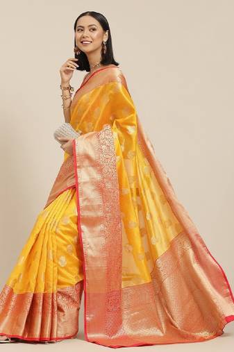 Yellow & red ethnic motifs zari kanjeevaram saree
