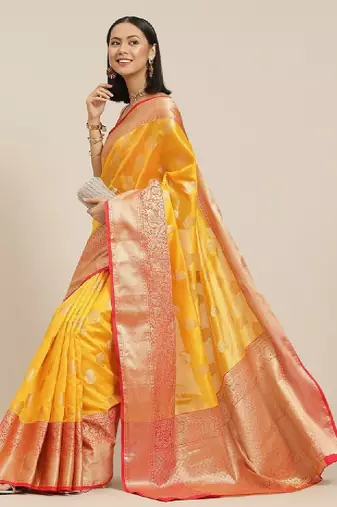 Yellow & red ethnic motifs zari kanjeevaram saree