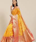 Yellow & red ethnic motifs zari kanjeevaram saree