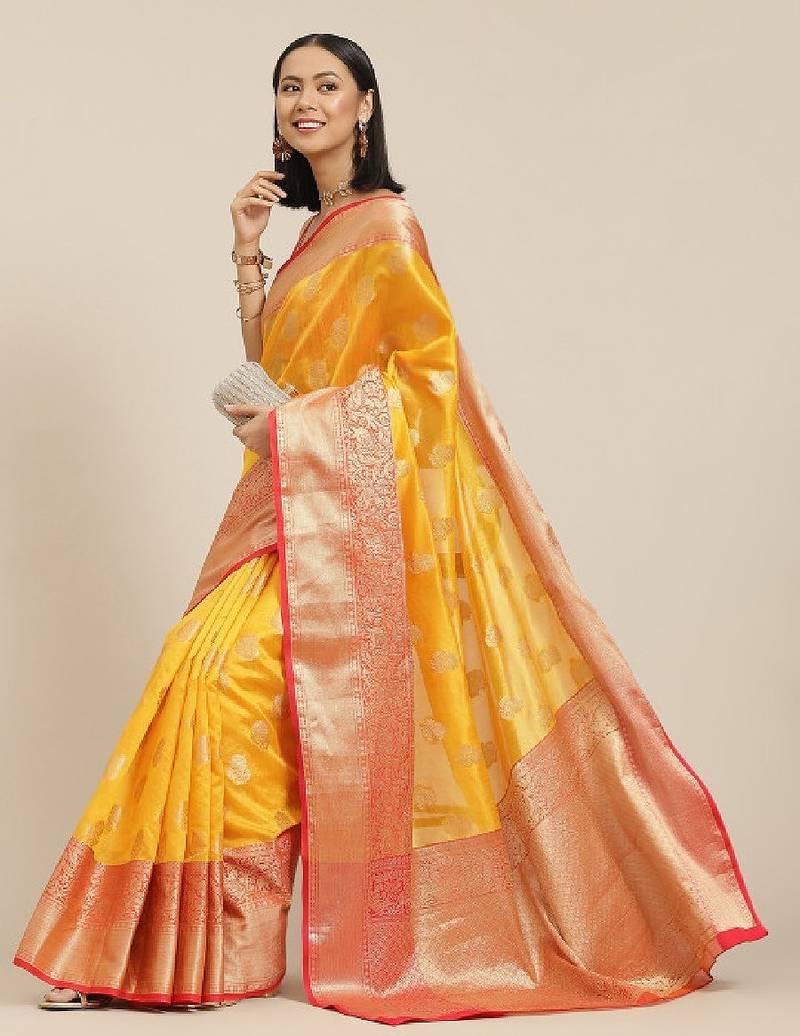 Yellow & red ethnic motifs zari kanjeevaram saree