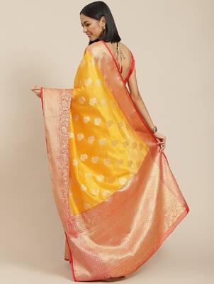 Yellow & red ethnic motifs zari kanjeevaram saree 2