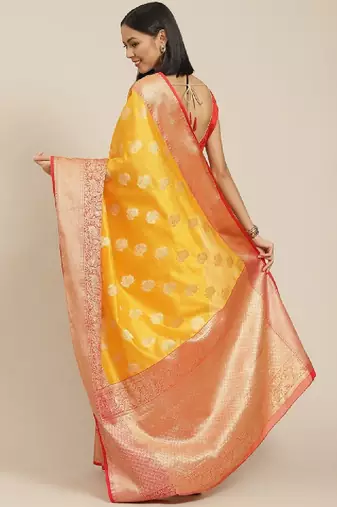 Yellow & red ethnic motifs zari kanjeevaram saree