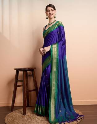Ethnic motifs woven design zari kanjeevaram silk saree 1