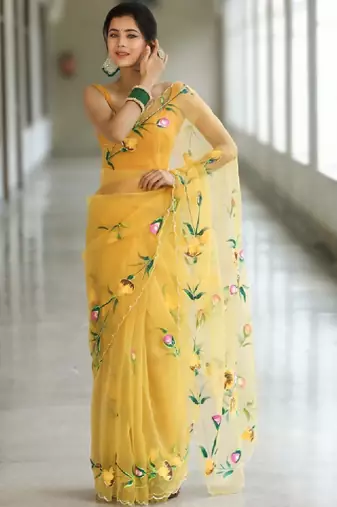 Floral embroidered organza kanjeevaram saree