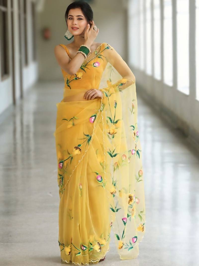 Floral embroidered organza kanjeevaram saree