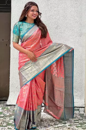 Peach floral woven design zari kanjeevaram silk saree