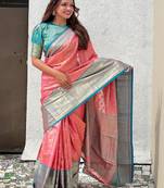 Peach floral woven design zari kanjeevaram silk saree