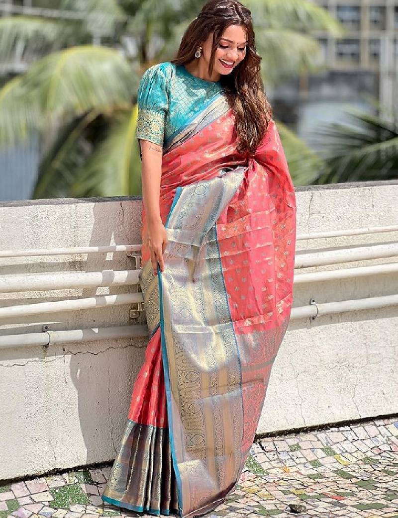 Peach floral woven design zari kanjeevaram silk saree