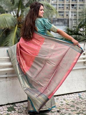 Peach floral woven design zari kanjeevaram silk saree 3