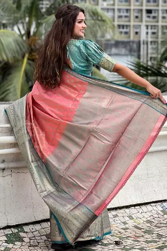 Peach floral woven design zari kanjeevaram silk saree