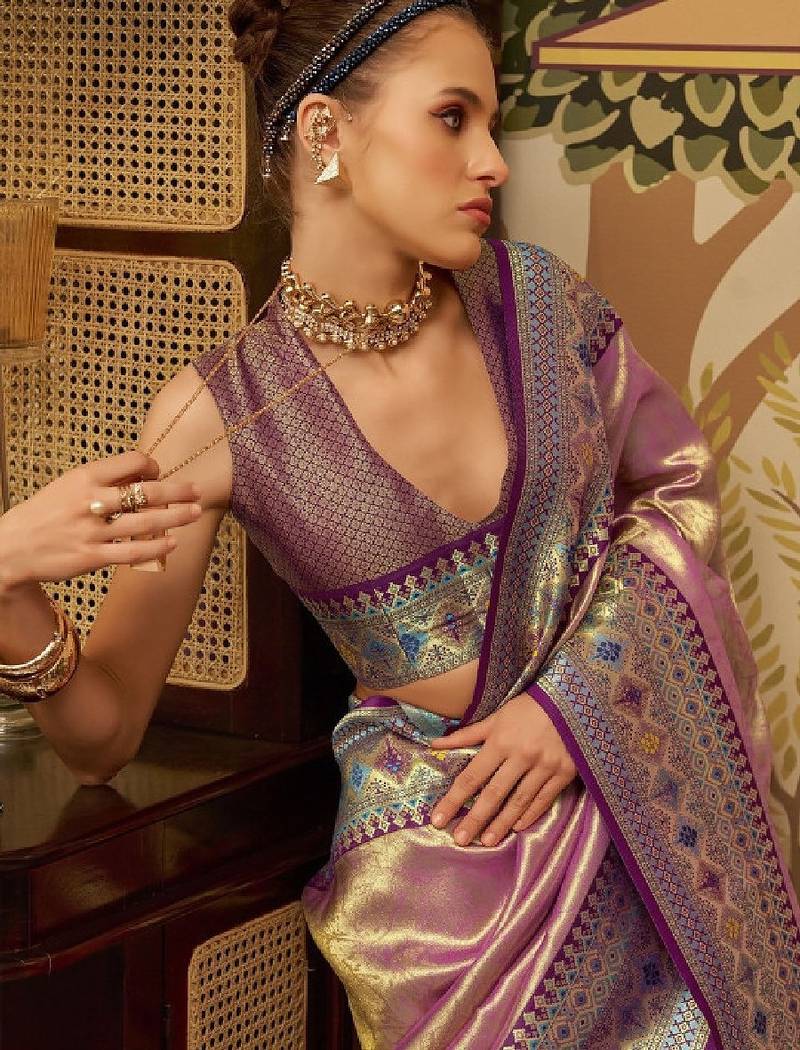Ethnic motifs zari tissue handloom kanjeevaram saree