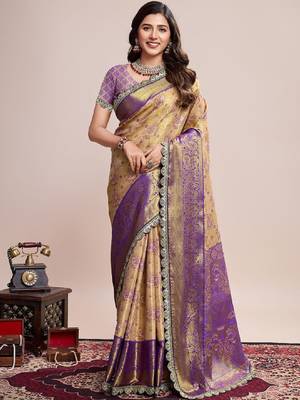 Ethnic motifs zari silk blend kanjeevaram saree 1