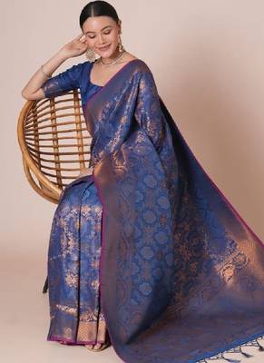 Ethnic motifs woven design kanjeevaram saree with blouse piece 2