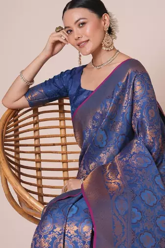 Ethnic motifs woven design kanjeevaram saree with blouse piece