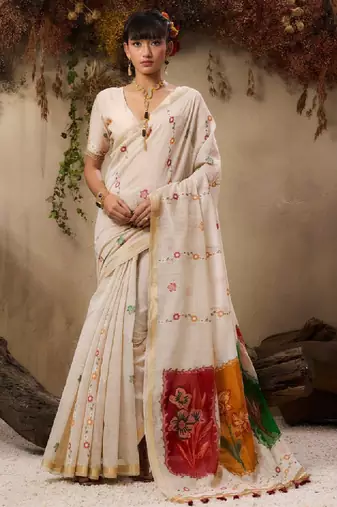 Floral embroidered muga cotton saree with unstitched blouse