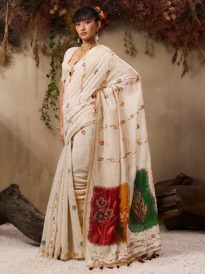 Floral embroidered muga cotton saree with unstitched blouse 2