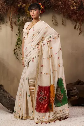 Floral embroidered muga cotton saree with unstitched blouse