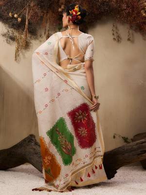 Floral embroidered muga cotton saree with unstitched blouse 3