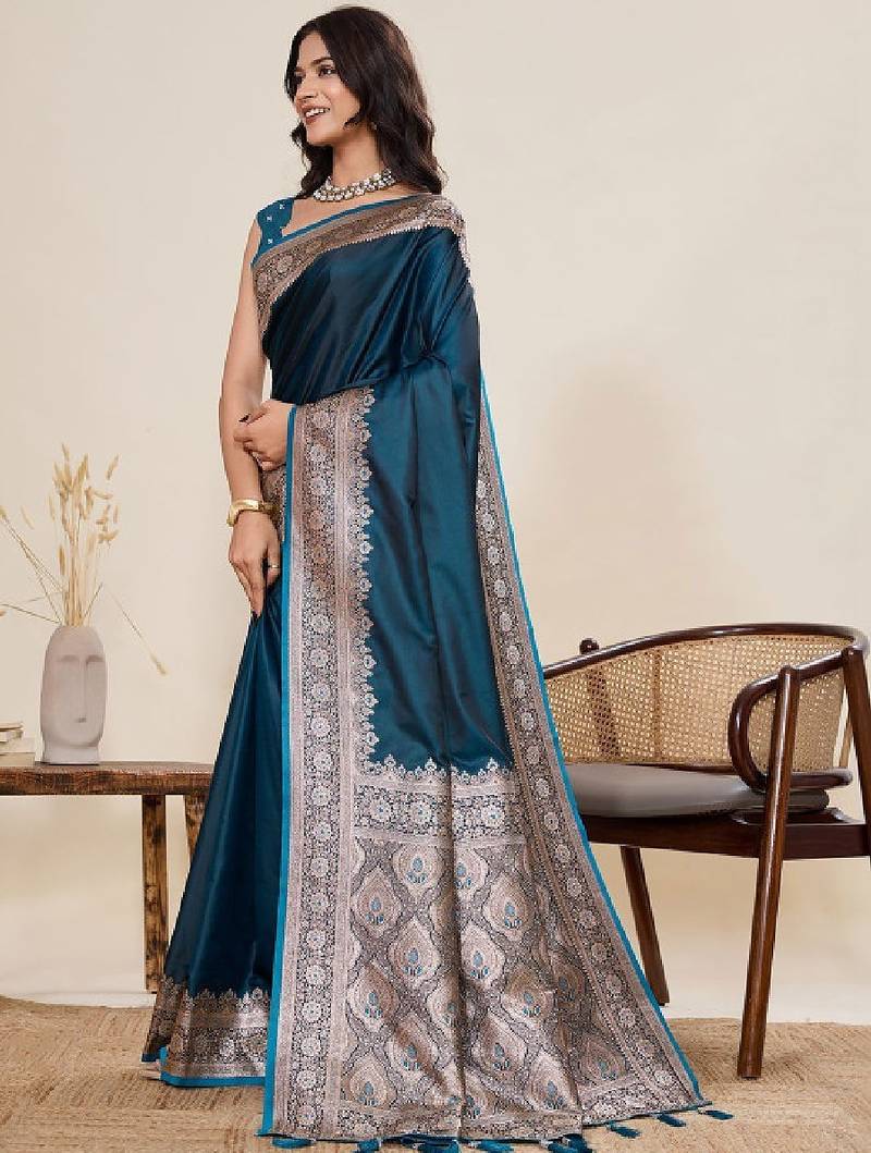 Ethnic motifs zari satin handloom kanjeevaram saree