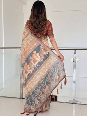 Ethnic motifs printed pure cotton kanjeevaram saree & unstitched blouse 2