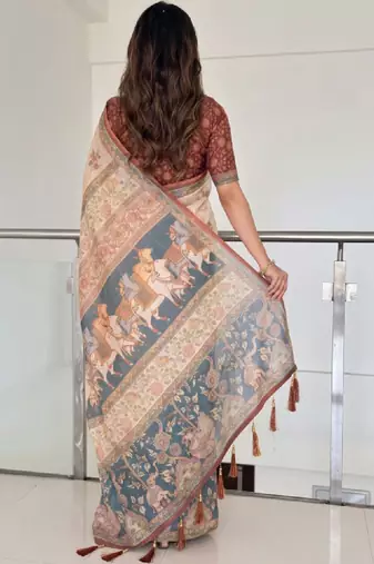 Ethnic motifs printed pure cotton kanjeevaram saree & unstitched blouse