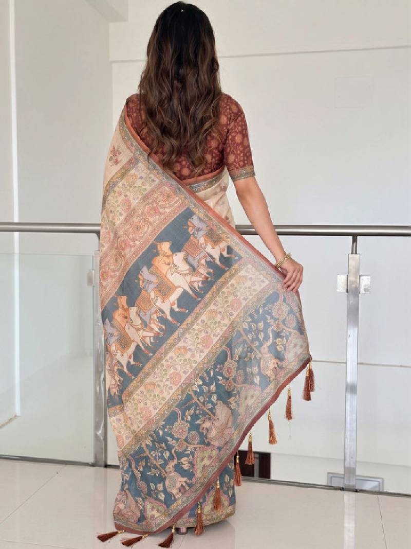 Ethnic motifs printed pure cotton kanjeevaram saree & unstitched blouse