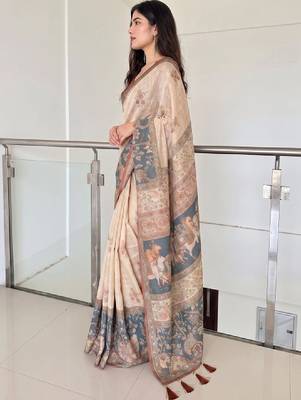 Ethnic motifs printed pure cotton kanjeevaram saree & unstitched blouse 3