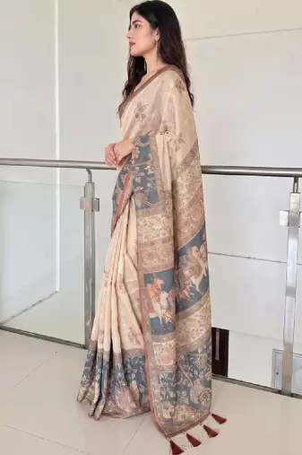 Ethnic motifs printed pure cotton kanjeevaram saree & unstitched blouse