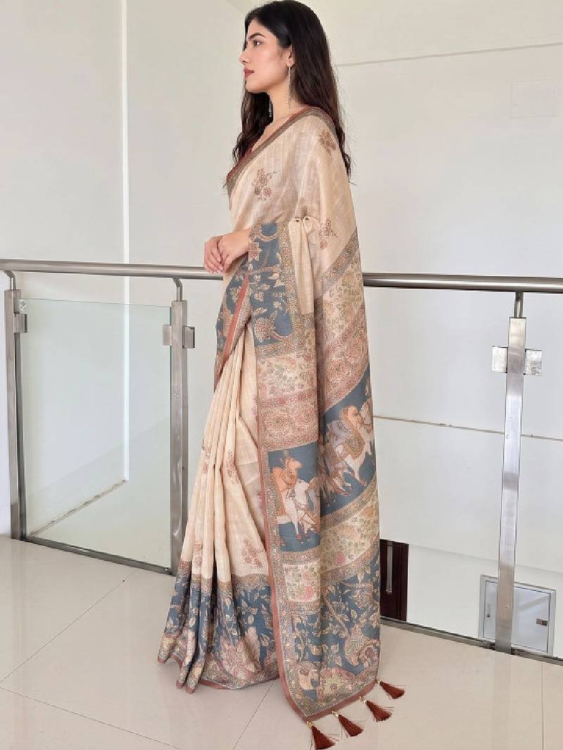 Ethnic motifs printed pure cotton kanjeevaram saree & unstitched blouse