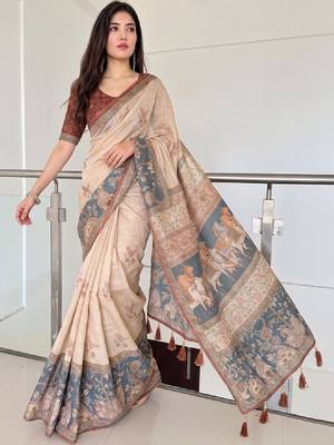 Ethnic motifs printed pure cotton kanjeevaram saree & unstitched blouse 1