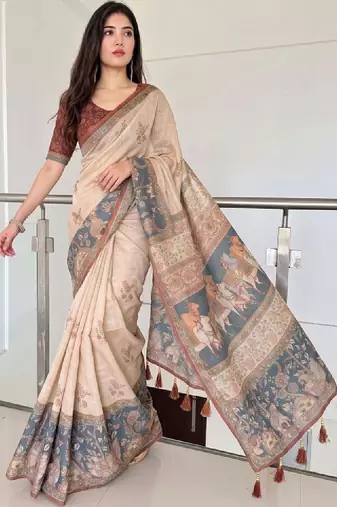 Ethnic motifs printed pure cotton kanjeevaram saree & unstitched blouse