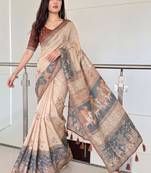 Ethnic motifs printed pure cotton kanjeevaram saree & unstitched blouse